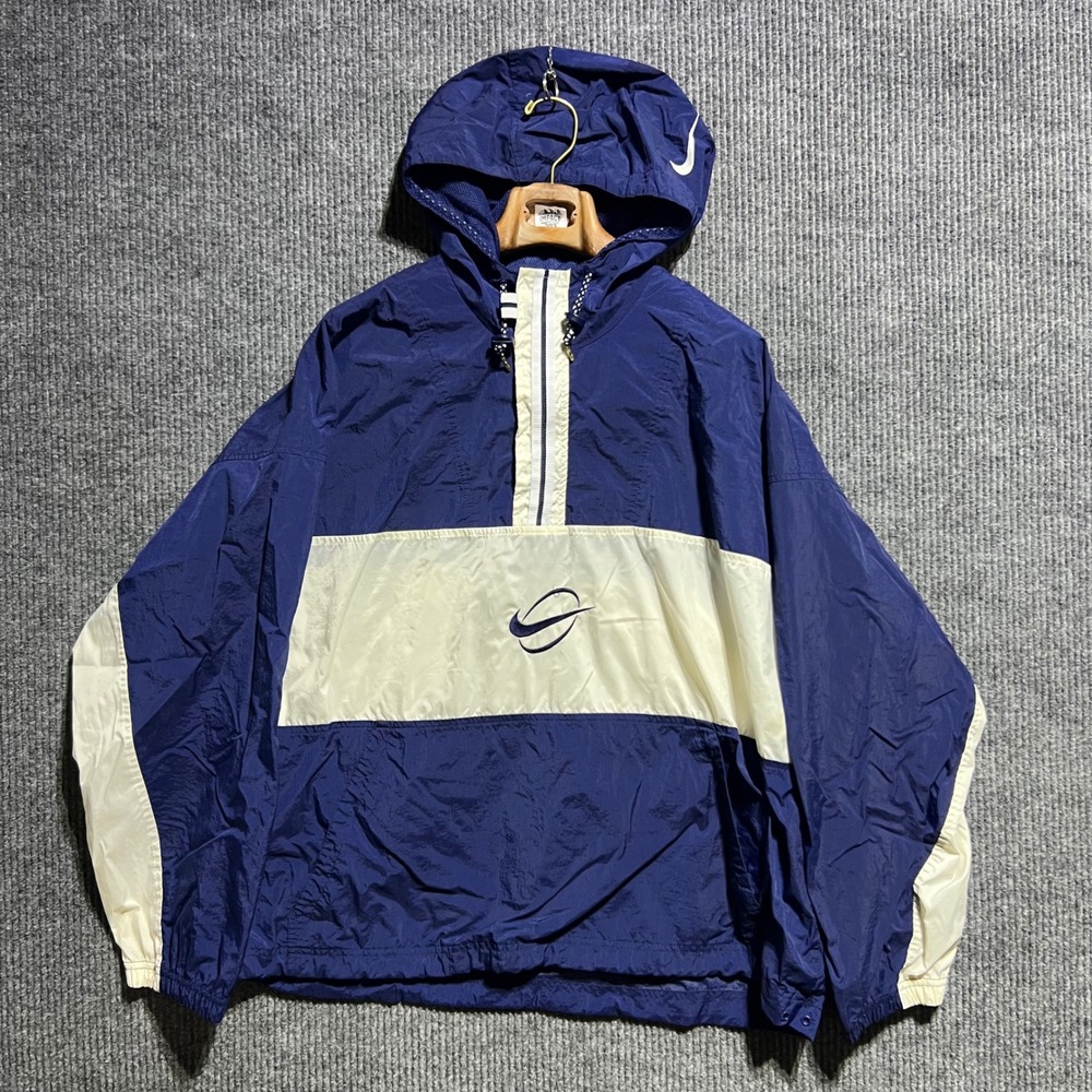 Vintage Nike Windbreaker Mens XL Blue Colorblock Anorak Hooded Pullover Jacket